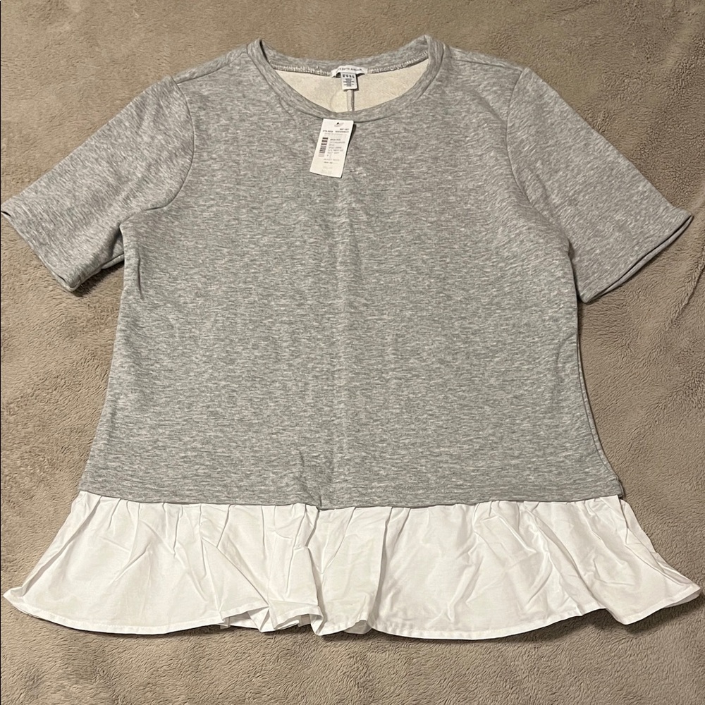 Saks Fifth Avenue Gray and White Ruffle Hem Sweatshirt NWT